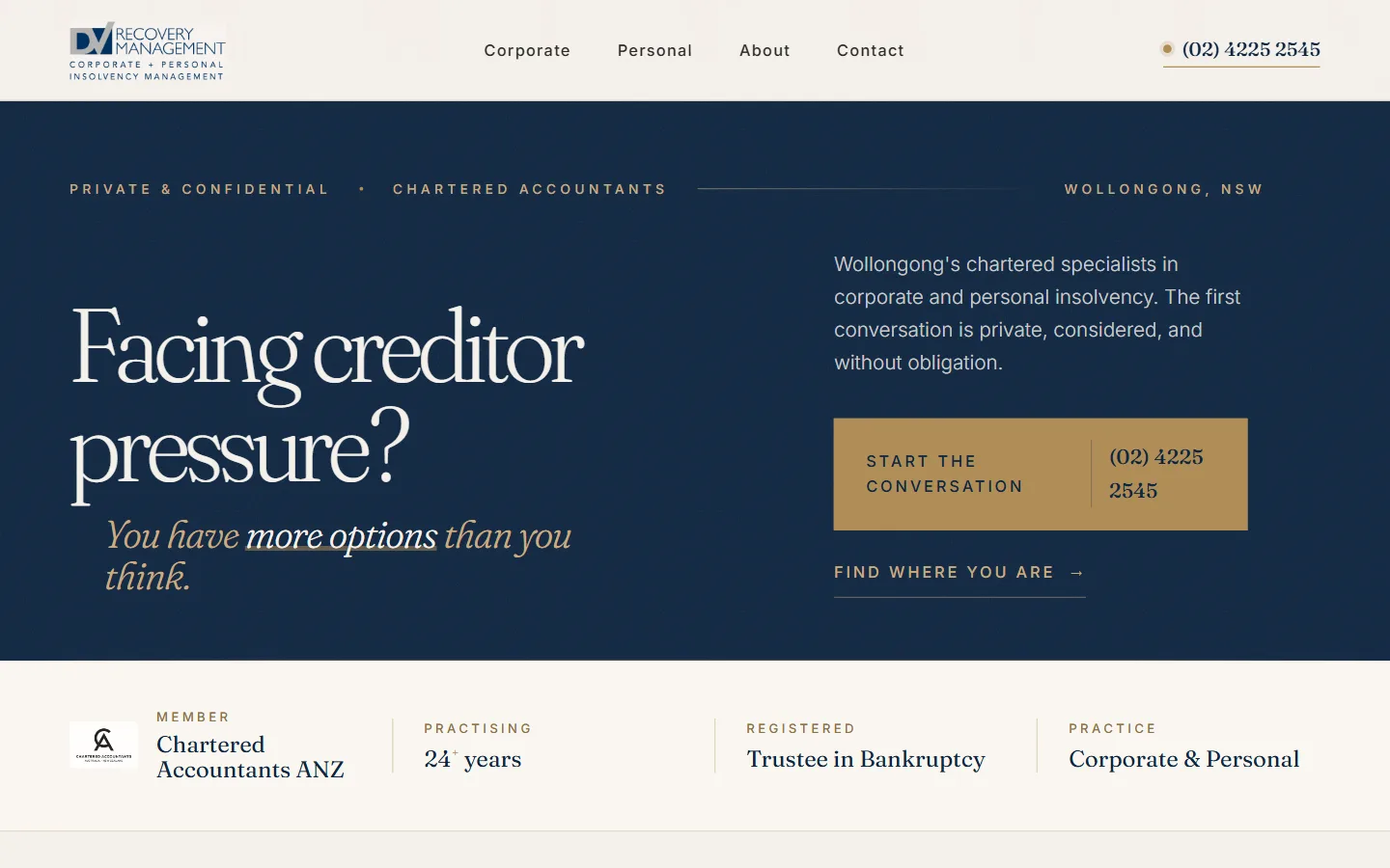 The DV Recovery Management homepage, with the headline 'Facing creditor pressure?' on a deep navy panel.