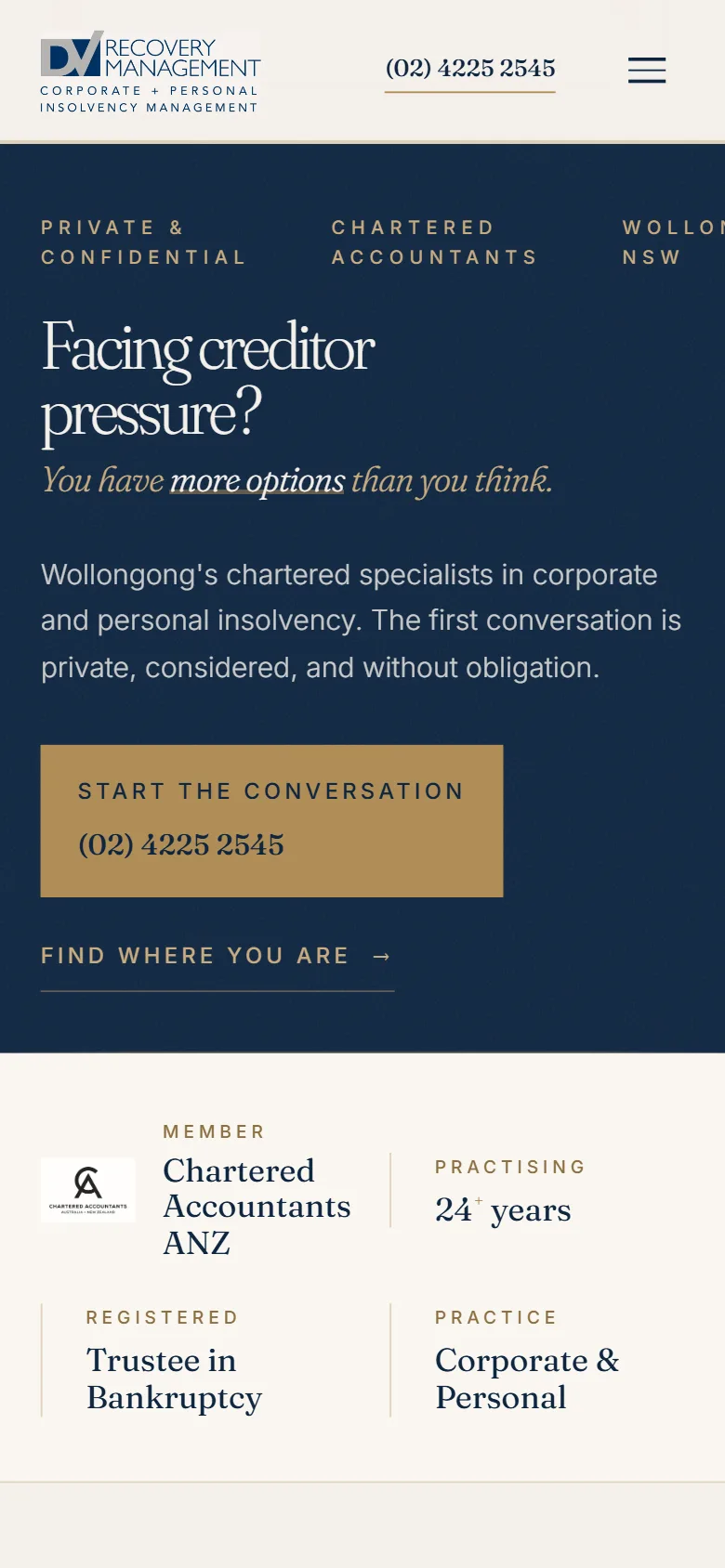 The DV Recovery Management homepage on a phone: 'Facing creditor pressure? You have more options than you think', with a button to call the office.
