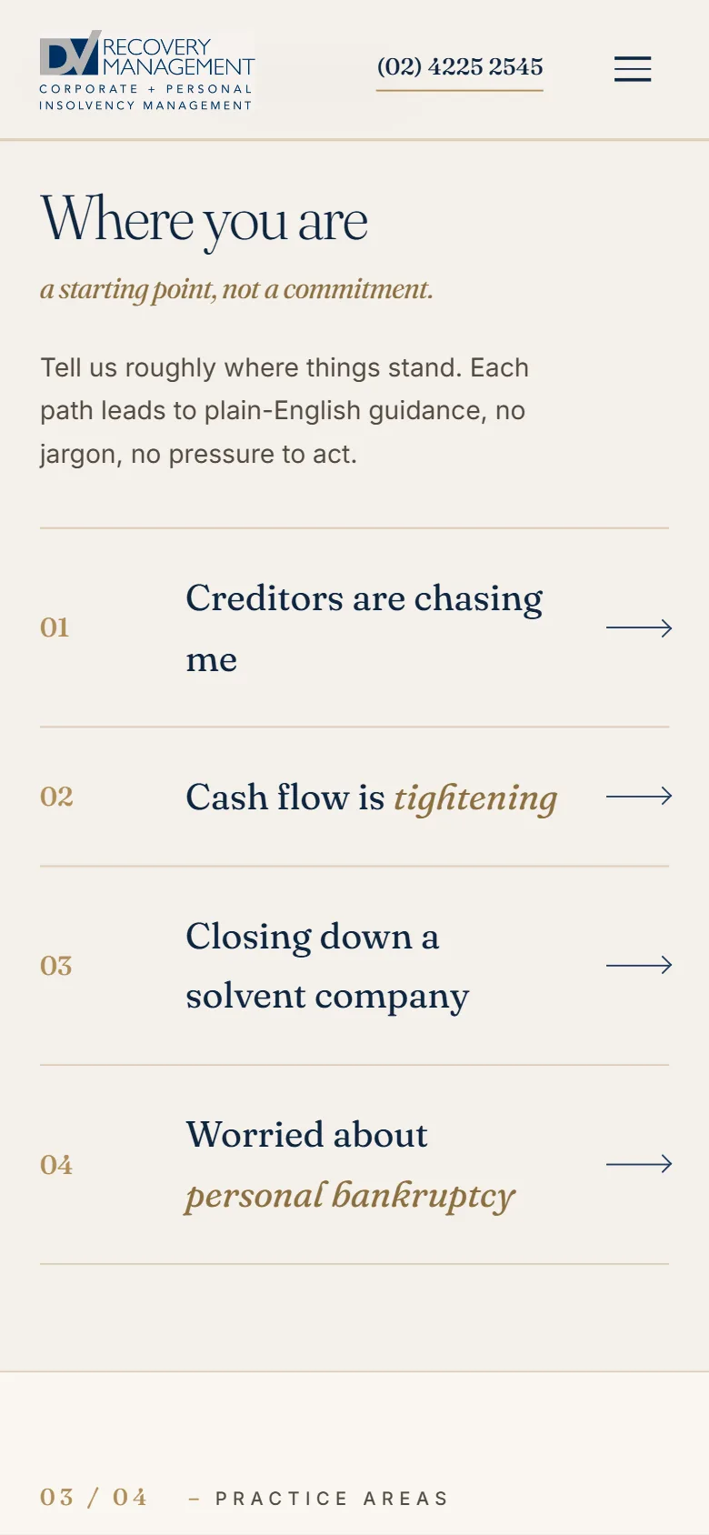 The 'Where you are' section on a phone, listing four situations: creditors are chasing me, cash flow is tightening, closing down a solvent company, and worried about personal bankruptcy.
