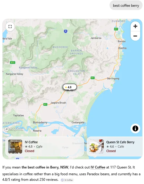 ChatGPT answering 'best coffee berry': I'd check out IV Coffee at 117 Queen St. It specialises in coffee rather than a big food menu, uses Paradox beans, and has a 4.8 rating from about 250 reviews.