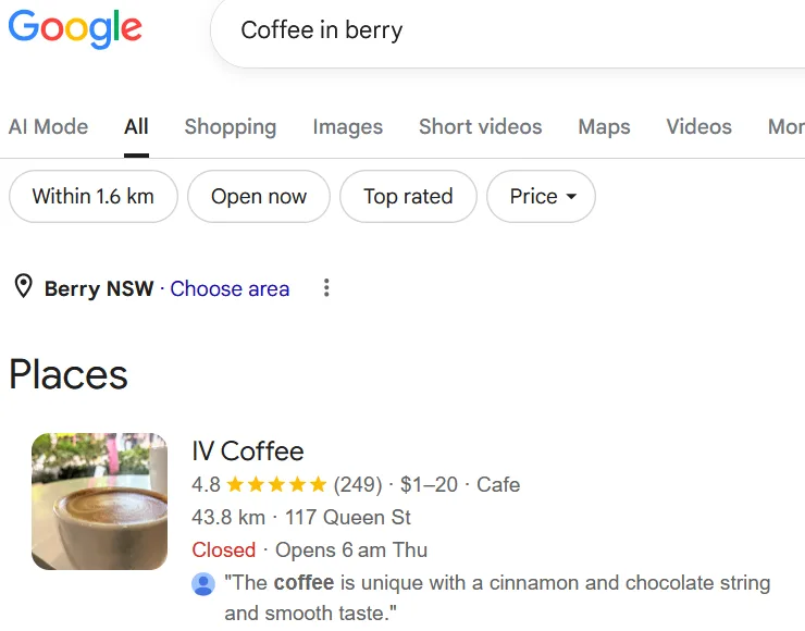 Google search for 'coffee in berry' with no filters. IV Coffee is the first result under Places, rated 4.8 from 249 reviews.