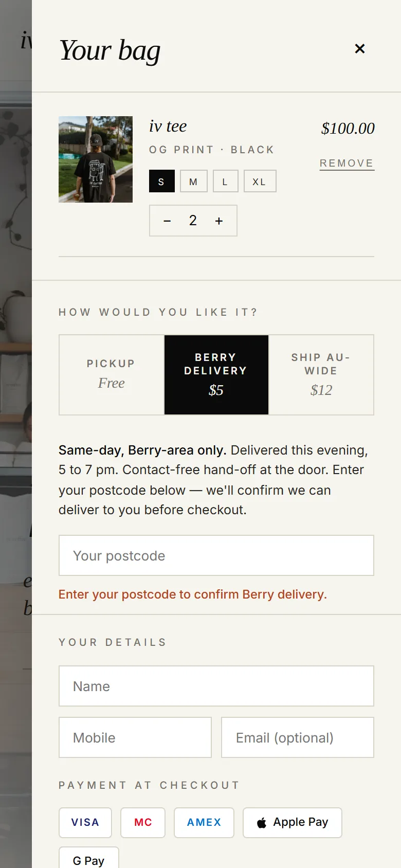 The iv coffee bag on a phone, with pickup, Berry delivery and Australia-wide shipping options and a postcode field.