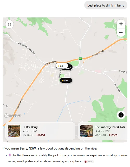 ChatGPT answering 'best place to drink in berry'. A map with Le Bar Berry listed first, rated 5.0, followed by a list that starts with Le Bar Berry as probably the pick for a proper wine-bar experience.