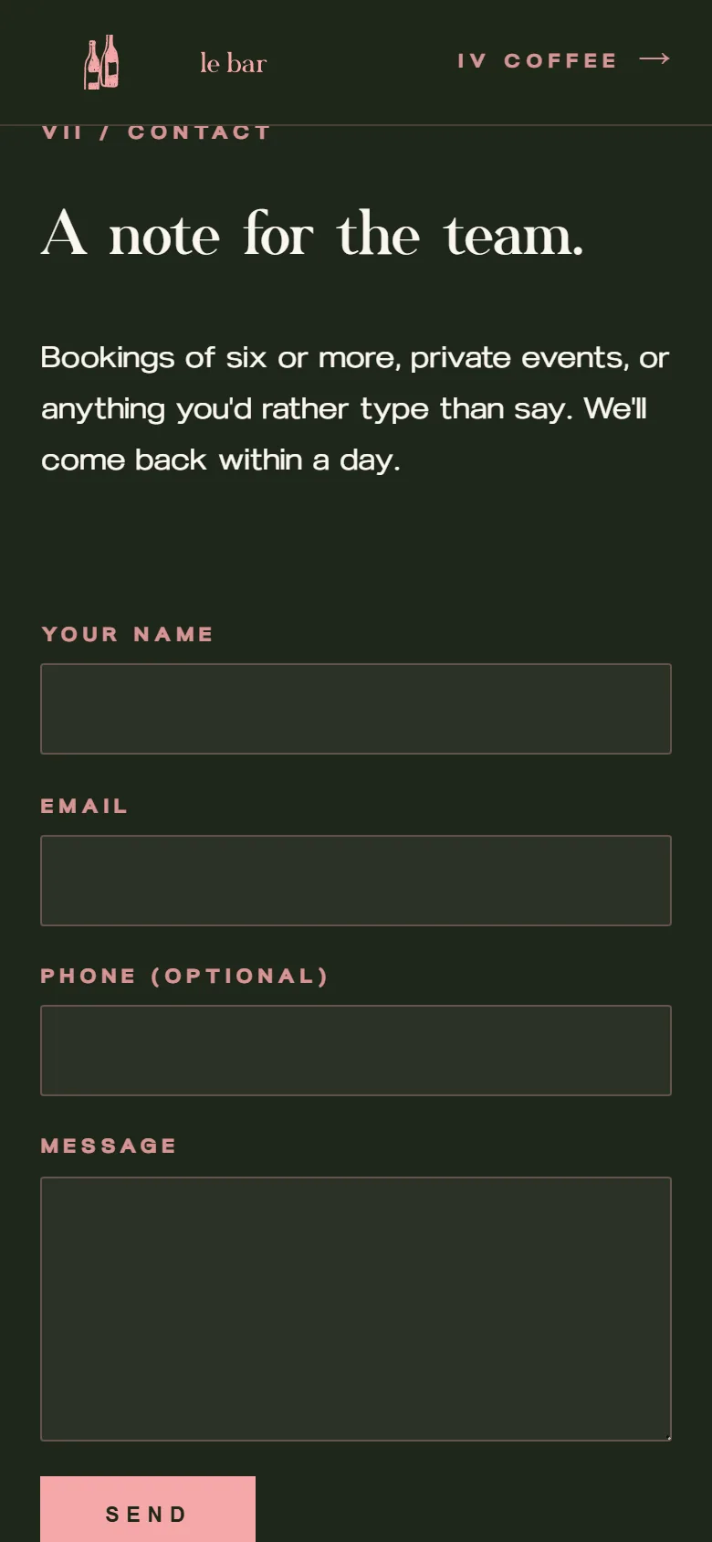 The le bar enquiry form on a phone, asking for a name, email, optional phone and a message.