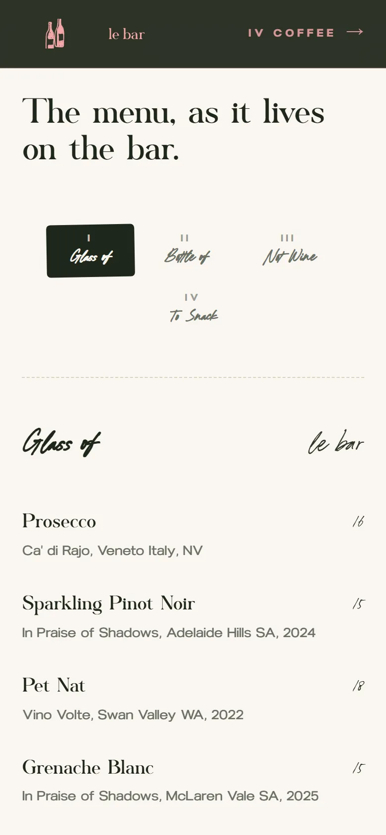 The le bar menu on a phone, with tabs for glass, bottle, not wine and snacks, and a list of wines by the glass.
